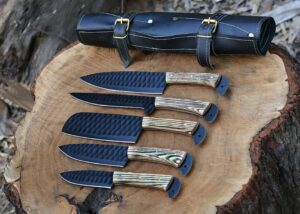 Custom Handmade 5 Piece Chef Knife Set with Leather Roll – Ash Wood Handle Kitchen Knife Set for Professional Cooking & BBQ