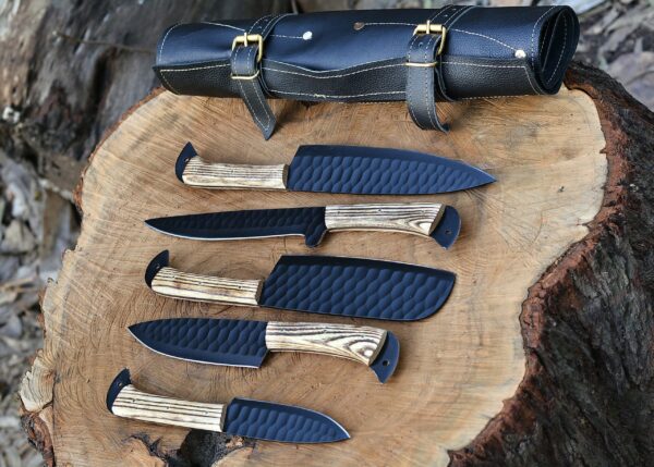 Custom Handmade 5 Piece Chef Knife Set with Leather Roll – Ash Wood Handle Kitchen Knife Set for Professional Cooking & BBQ
