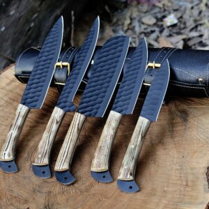Custom Handmade 5 Piece Chef Knife Set with Leather Roll – Ash Wood Handle Kitchen Knife Set for Professional Cooking & BBQ
