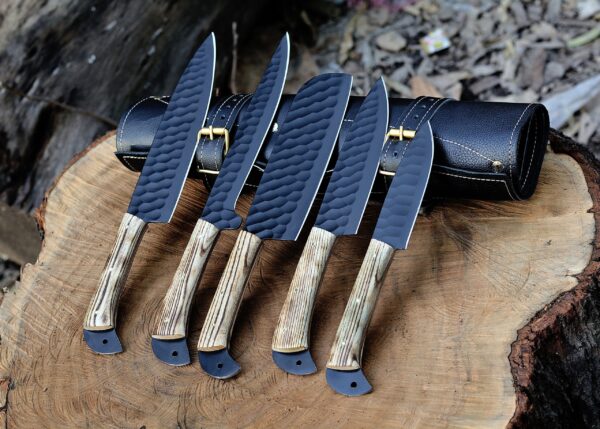 Custom Handmade 5 Piece Chef Knife Set with Leather Roll – Ash Wood Handle Kitchen Knife Set for Professional Cooking & BBQ