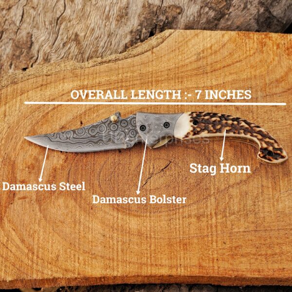7-inch Damascus steel folding pocket knife specifications with stag horn handle.