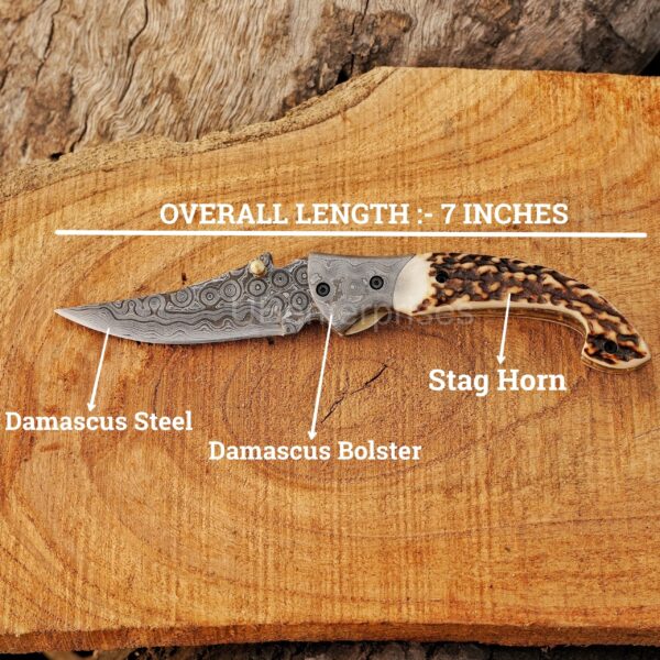 Handmade Damascus Folding Pocket Knife – Natural Stag Horn Handle EDC Knife – Damascus Bolster Hunting Knife – 7 Inch Custom Gift for Men