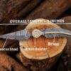 9-inch Damascus steel folding pocket knife specifications showing blade, brass bolster, and overall length.