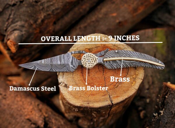 9-inch Damascus steel folding pocket knife specifications showing blade, brass bolster, and overall length.