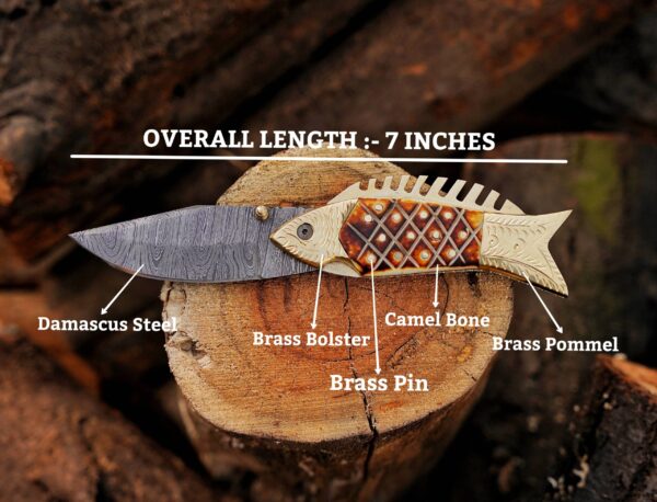 Custom Handmade Damascus Folding Tool, Fish Shape Pocket Companion, Camel Bone Handle, Engraved Brass Bolster, Rustic Outdoor Gift, Groomsmen Present, Collector Piece