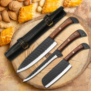 Handmade J2 Steel 3 Piece Chef Knife Set – Black Powder Coated Diamond Forged Kitchen Knives with Wood Handles
