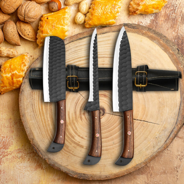 Handmade J2 Steel 3 Piece Chef Knife Set – Black Powder Coated Diamond Forged Kitchen Knives with Wood Handles