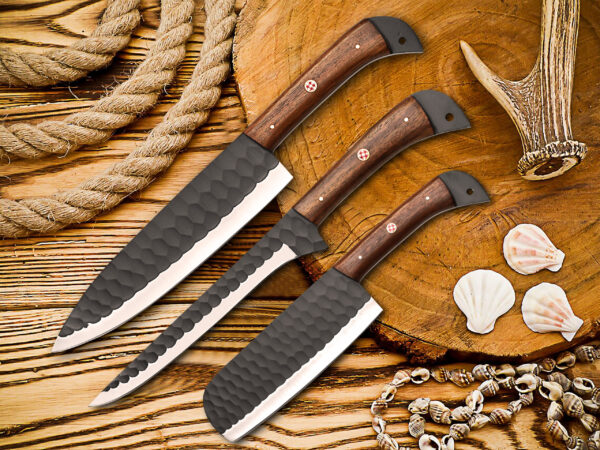 Handmade J2 Steel 3 Piece Chef Knife Set – Black Powder Coated Diamond Forged Kitchen Knives with Wood Handles