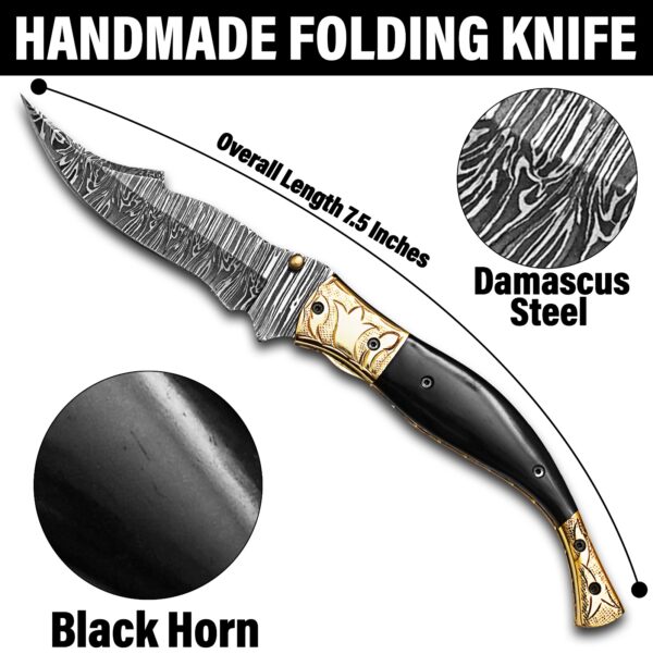 Handmade Damascus Folding Pocket Knife – Black Horn Handle EDC Knife – Brass Bolster Hunting Knife – Custom Damascus Gift for Men