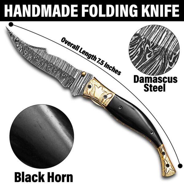 7.5-inch handmade Damascus folding knife with black horn handle and engraved brass bolsters.