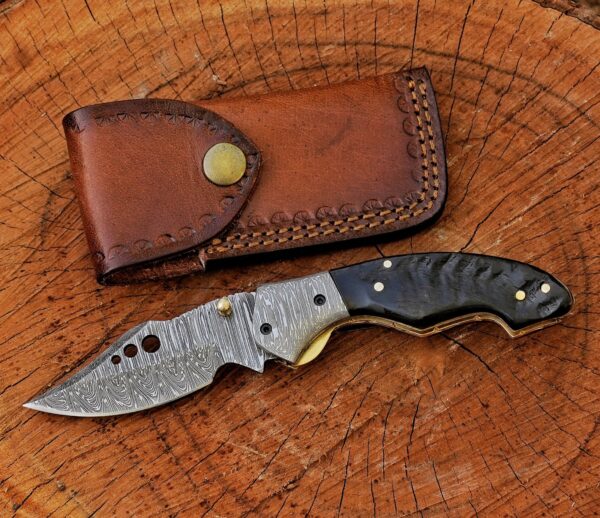 Handmade Damascus Folding Pocket Knife – Stag Horn Handle EDC Knife – Custom Damascus Steel Hunting Knife – Artisan Gift for Men