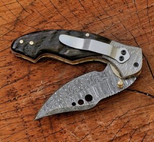 Handmade Damascus Folding Pocket Knife – Stag Horn Handle EDC Knife – Custom Damascus Steel Hunting Knife – Artisan Gift for Men