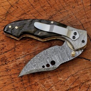 Handmade Damascus Folding Pocket Knife – Stag Horn Handle EDC Knife – Custom Damascus Steel Hunting Knife – Artisan Gift for Men