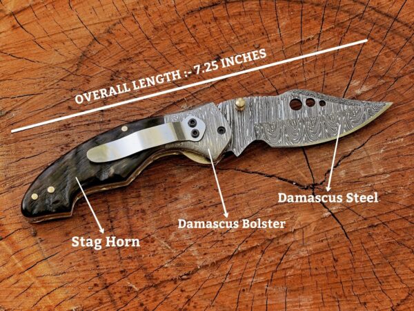 Handmade Damascus Folding Pocket Knife – Stag Horn Handle EDC Knife – Custom Damascus Steel Hunting Knife – Artisan Gift for Men