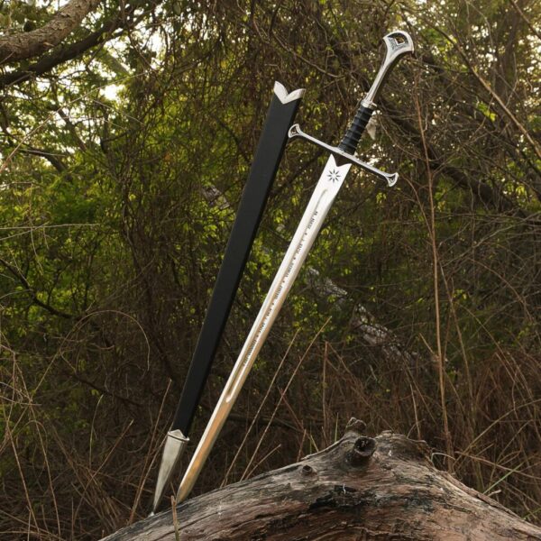 Premium Lord of the Rings inspired sword displayed outdoors