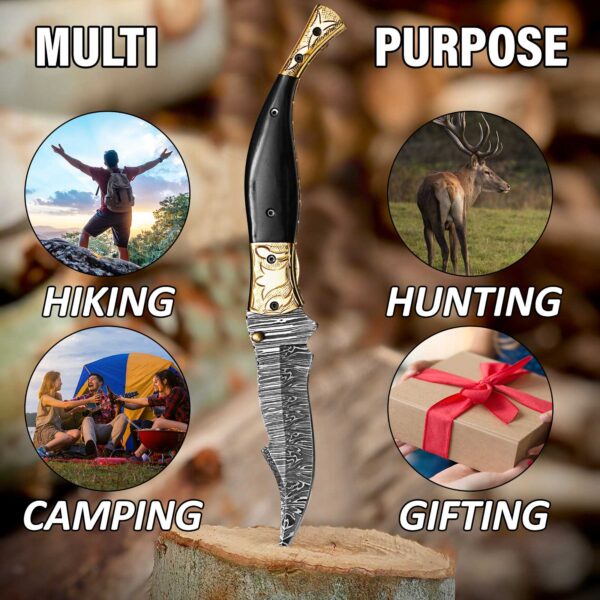 Handmade Damascus folding knife for camping, hiking, hunting, and gifting.