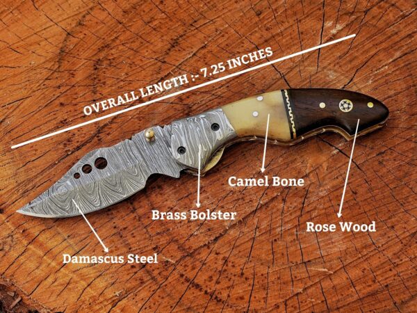 Handmade Damascus Folding Pocket Knife – Camel Bone & Rosewood Handle EDC Knife – Custom Hunting Knife Gift for Men