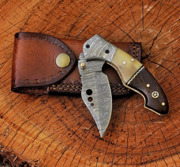 Handmade Damascus Folding Pocket Knife – Camel Bone & Rosewood Handle EDC Knife – Custom Hunting Knife Gift for Men