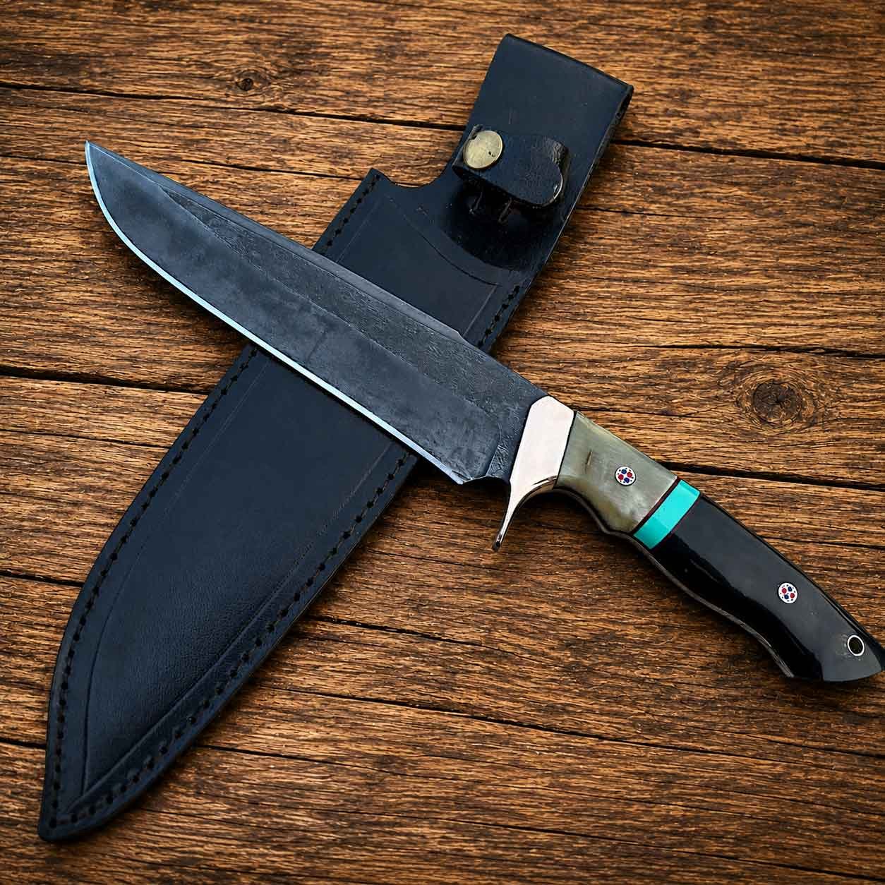 Handmade hunting knife with textured high carbon steel blade and leather sheath