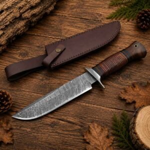 Damascus steel camping knife with leather sheath and ergonomic handle