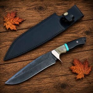 Handmade hunting knife and genuine leather sheath set on rustic wooden background