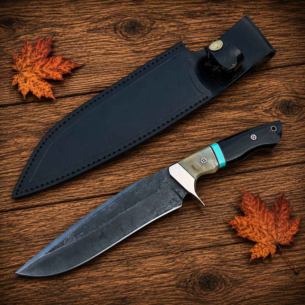 Handmade hunting knife and genuine leather sheath set on rustic wooden background