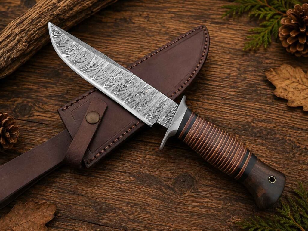 Best camping knife handmade Damascus steel knife with leather sheath
