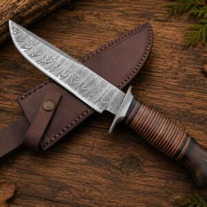 Best camping knife handmade Damascus steel knife with leather sheath