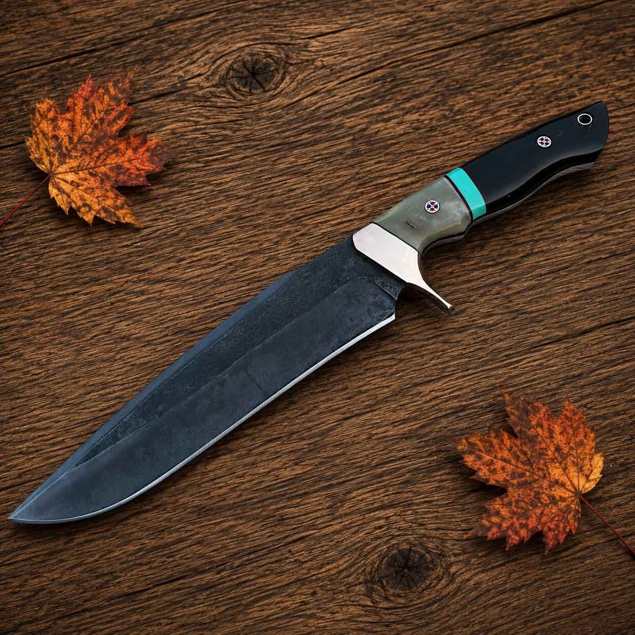 1095 high carbon steel hunting knife with horn resin handle and brass guard