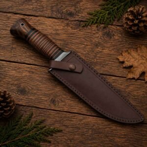 Handmade Damascus steel camping knife with leather sheath