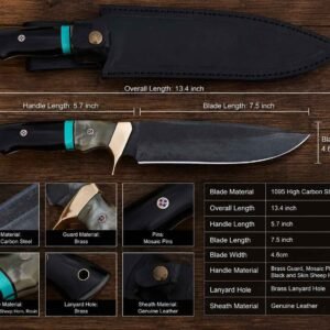 Handmade hunting knife with 1095 high carbon steel blade, horn and resin handle, and leather sheath specifications