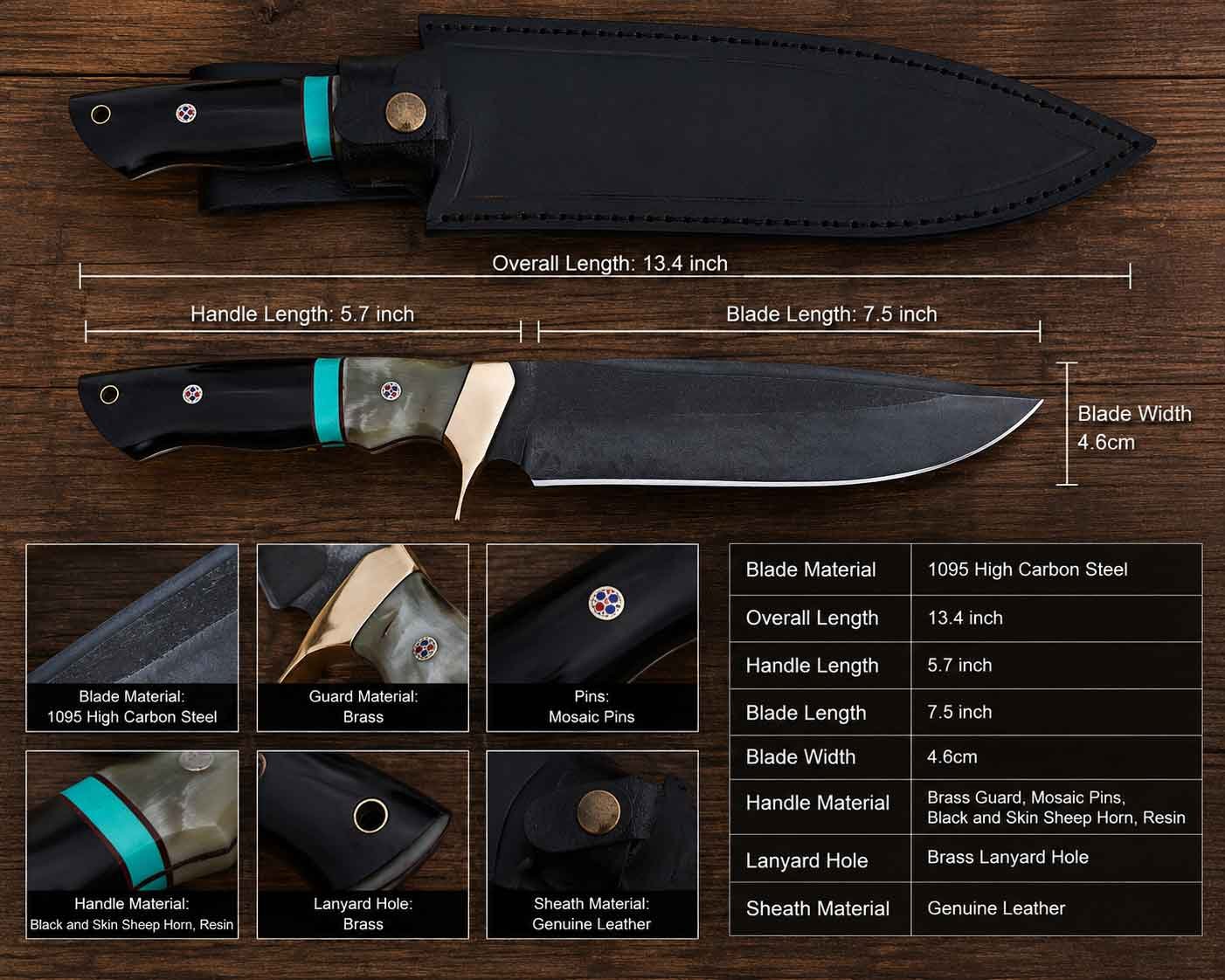 Handmade hunting knife with 1095 high carbon steel blade, horn and resin handle, and leather sheath specifications