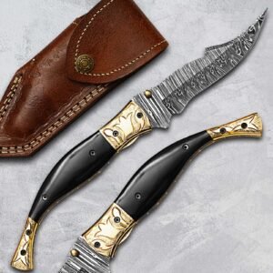 Home Handmade Damascus folding knife with black horn handle and leather sheath