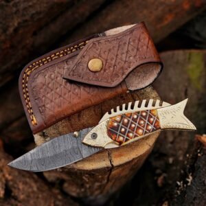 Handmade Damascus steel folding pocket knife with engraved camel bone handle and leather sheath
