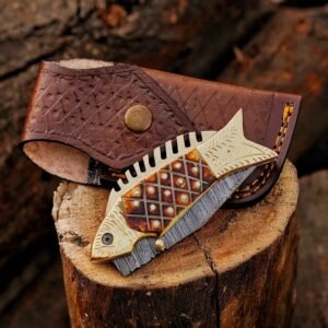 Handmade Damascus pocket knife with camel bone handle and handcrafted leather sheath