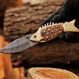 Handheld Damascus steel folding knife with decorative camel bone handle