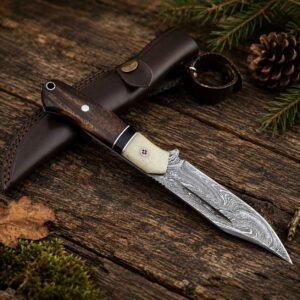 best hunting knife Damascus steel blade with genuine leather sheath