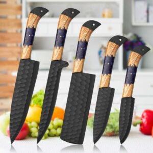 5 piece handmade black powder coated chef knife set with olive wood and resin handles