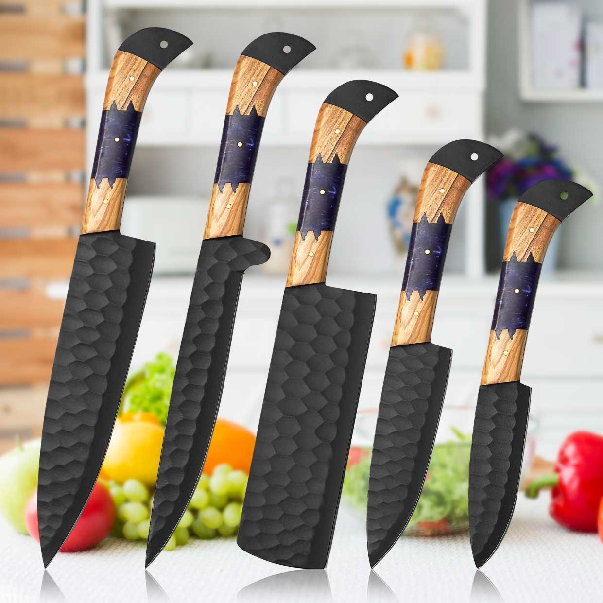 5-Piece Handmade Black Powder Coated Chef Knife Set 5 piece handmade black powder coated chef knife set with olive wood and resin handles