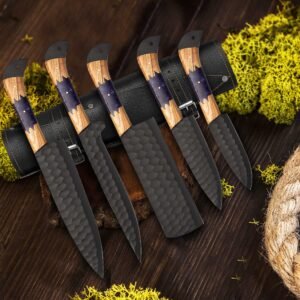 5 piece handmade black powder coated chef knife set with olive wood and resin handles