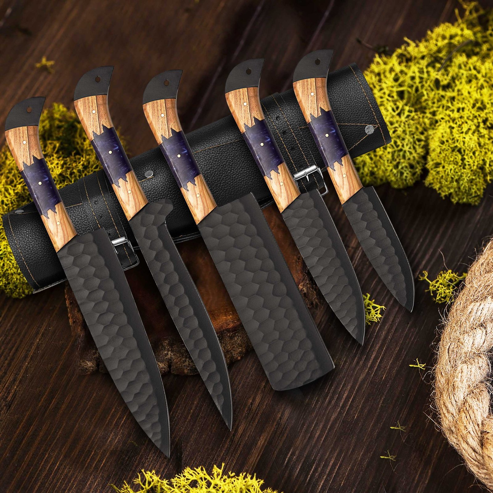 5-Piece Handmade Black Powder Coated Chef Knife Set 5 piece handmade black powder coated chef knife set with olive wood and resin handles