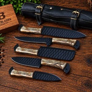 Handmade 5 piece chef knife set with black powder coated blades and Ash Wood handles in a leather knife roll