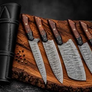 Best kitchen knife set with handmade Damascus steel blades and rosewood handles