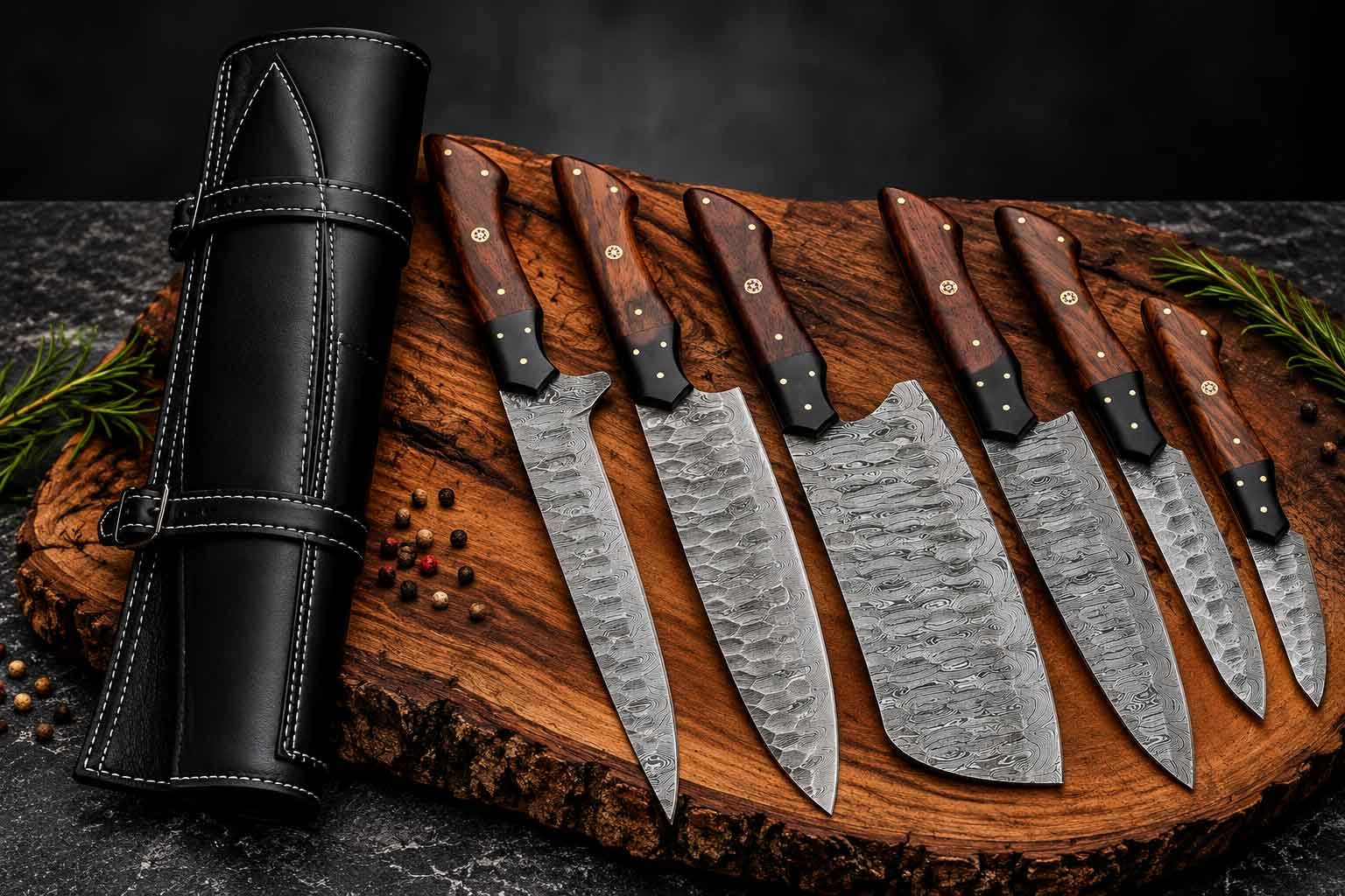 Best kitchen knife set with handmade Damascus steel blades and rosewood handles