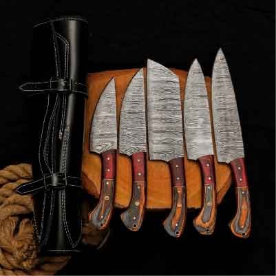 Best knife set with 5 handmade Damascus steel kitchen knives and leather roll