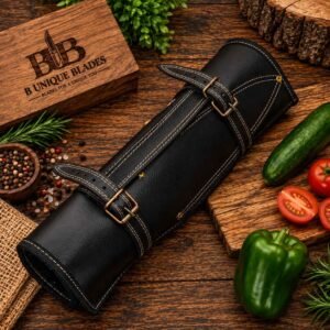 Handmade chef knife set with black powder coated blades and Rosewood and Pakkawood handles