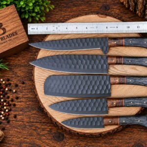 Handmade kitchen knife set with black powder coated blades and Rosewood and Pakkawood handles