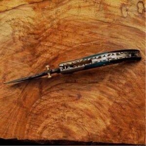 Personalized Damascus Pocket Knife side profile showing folding mechanism and detailed handle