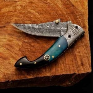 Personalized Damascus Pocket Knife with patterned Damascus steel blade and blue black handle