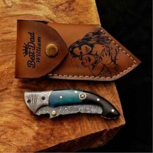 Personalized Damascus Pocket Knife with custom engraved leather sheath and folding blade
